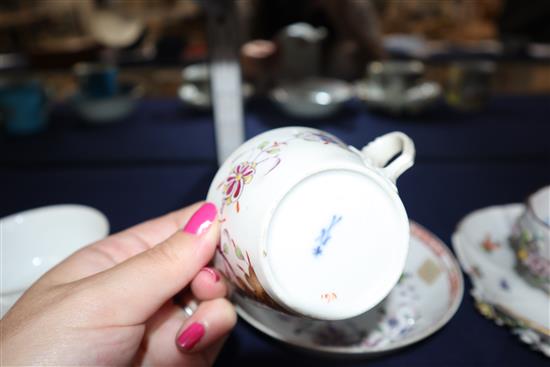 Four Meissen cups and three saucers, 18th and 19th century, cups 6.2 - 8.5cm diameter